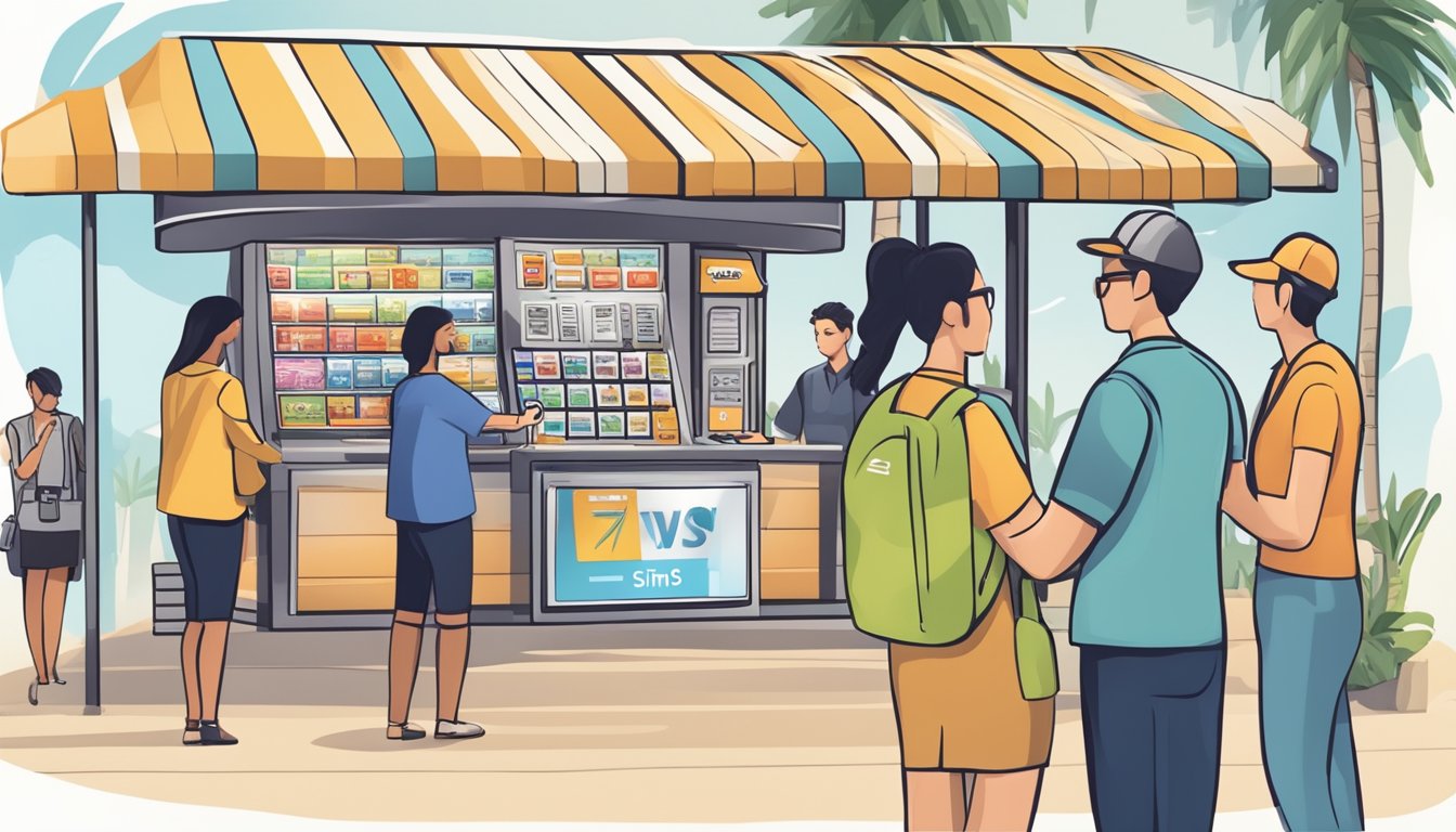 A customer hands over cash to a salesperson at a kiosk, receiving a tourist SIM card in return. The kiosk is adorned with signs advertising SIM card options and prices