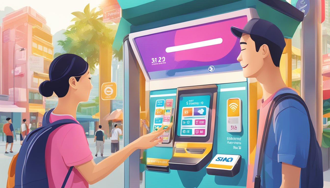 A hand reaches for a colorful tourist SIM card at a kiosk in Singapore, with signs advertising activation and top-up services