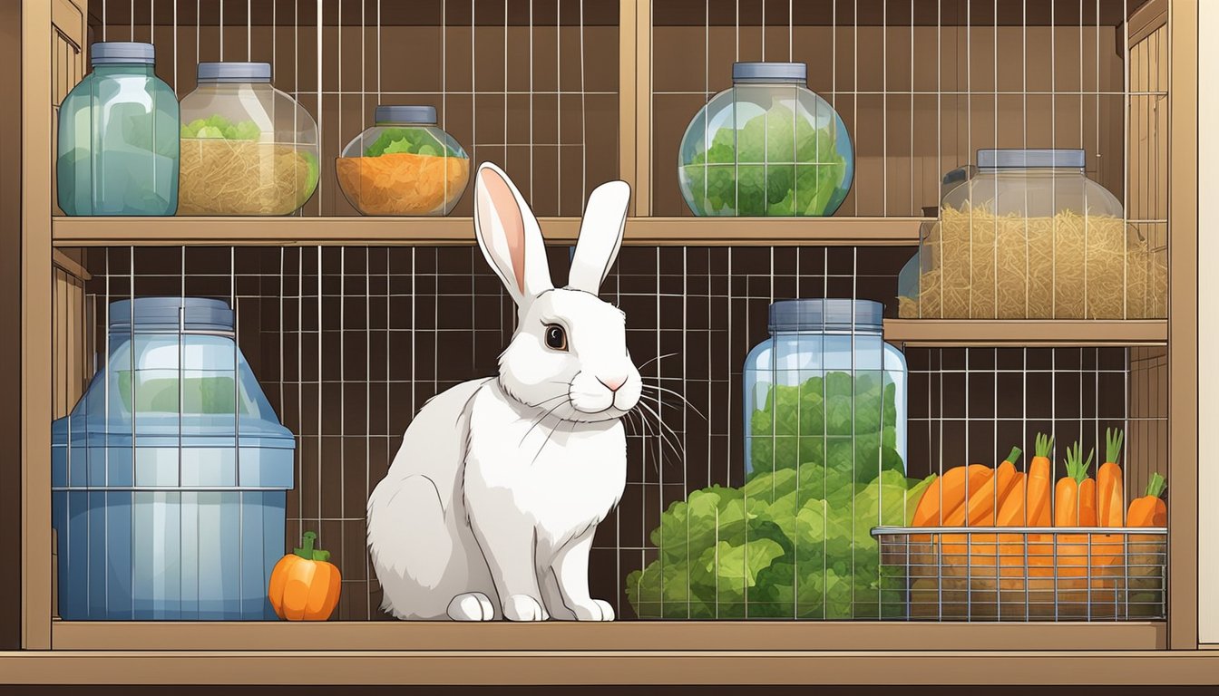 A rabbit hutch filled with hay, water bottle, and a bowl of fresh vegetables. A pet store in Singapore with shelves of rabbit food and cages
