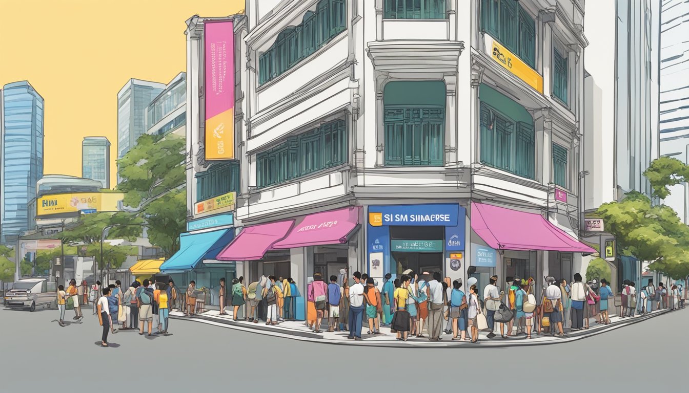 A bustling street corner with a colorful sign advertising "Tourist SIM Cards" in Singapore, with a queue of people waiting to make their purchase