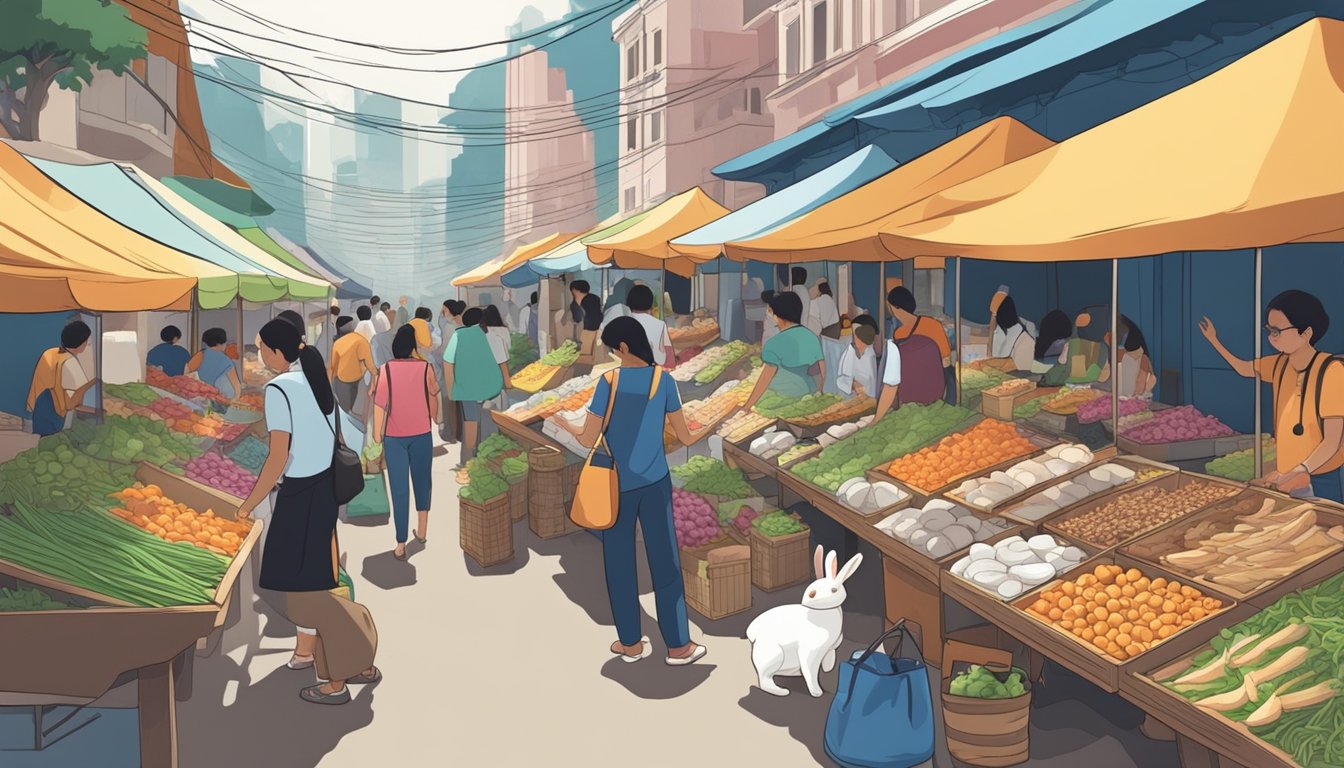 A bustling market with colorful stalls selling rabbits in Singapore. Customers browse and ask vendors about purchasing rabbits