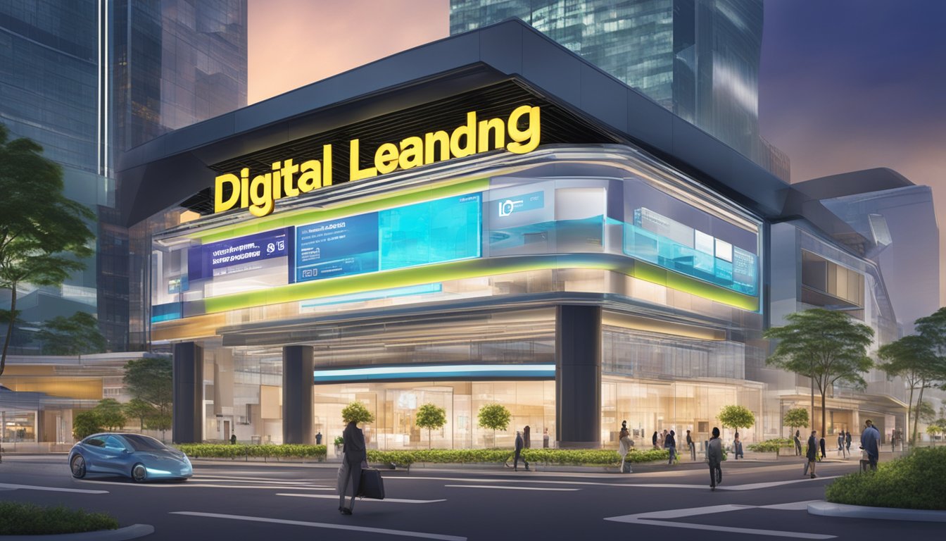 An illuminated digital sign of "Digital Innovations in Money Lending" at an international plaza in Singapore