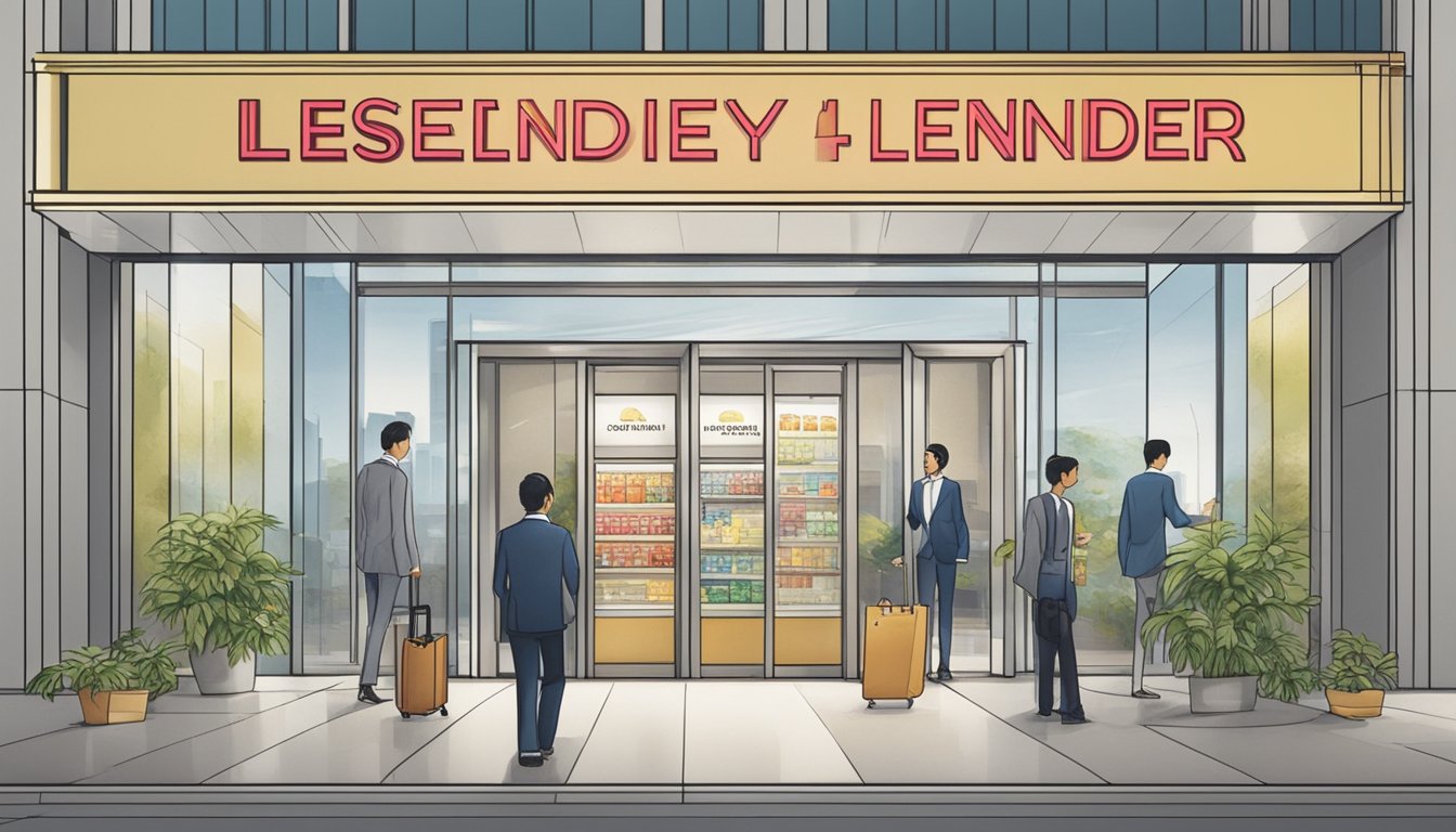 A sign outside a sleek, modern building in Singapore's International Plaza reads "Licensed Money Lender." Customers enter confidently, reassured by the legitimacy of the establishment