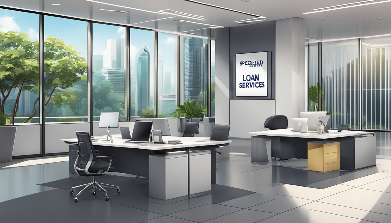 A modern, sleek office space with a large, polished desk and a sign that reads "Specialised Loan Services" in the prestigious International Plaza in Singapore