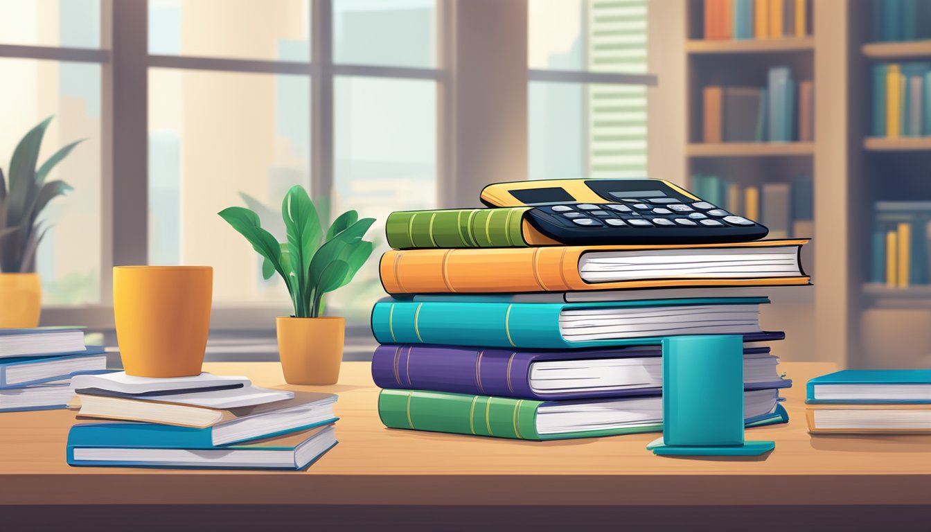 A stack of books and a calculator on a desk, with a POSB logo in the background