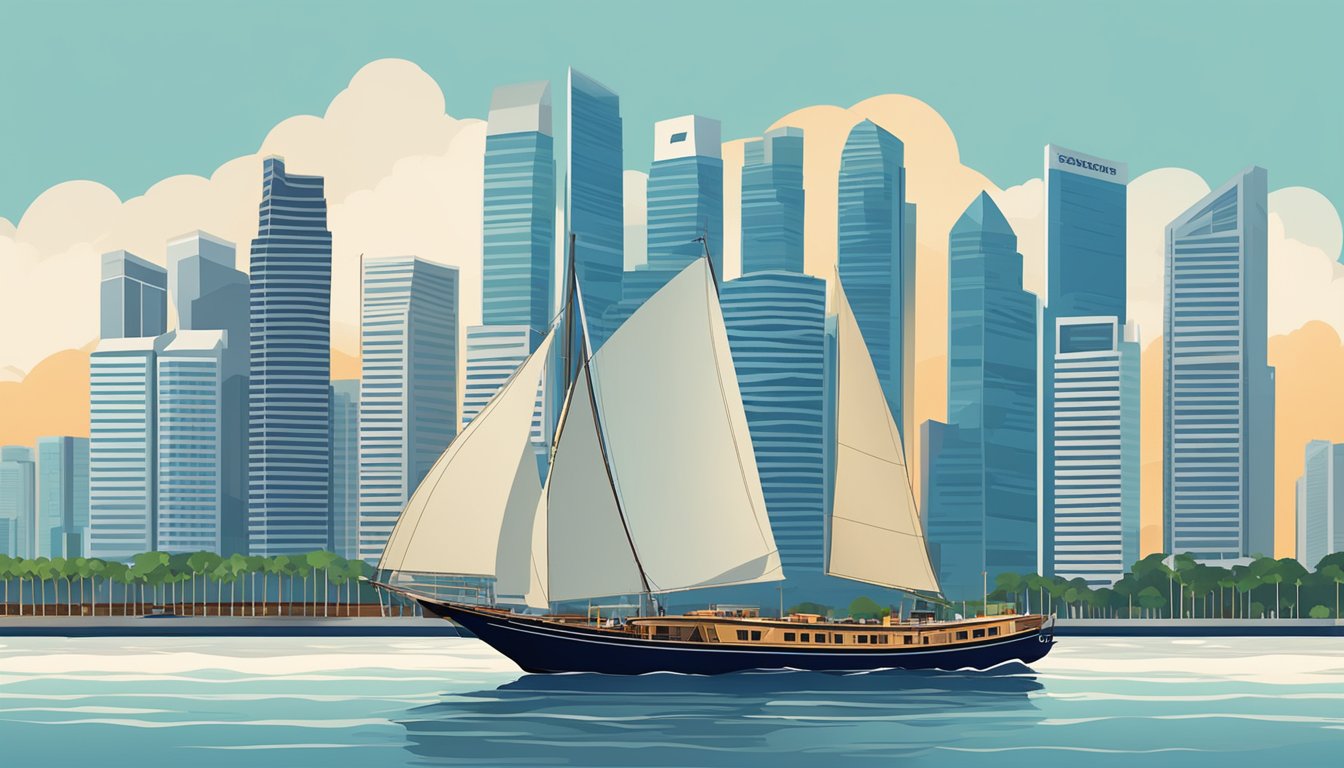A boat sailing through the calm waters of Singapore's harbor, with the city skyline in the background