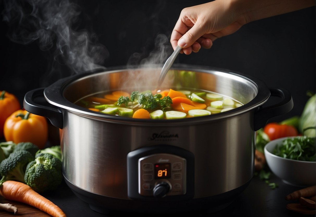 A variety of fresh vegetables and aromatic spices are being added to a slow cooker filled with savory broth, creating a fragrant and flavorful Chinese soup
