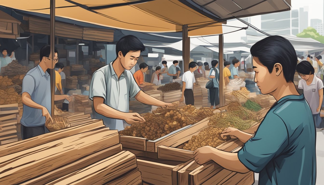 A person purchases wood in a bustling Singapore market