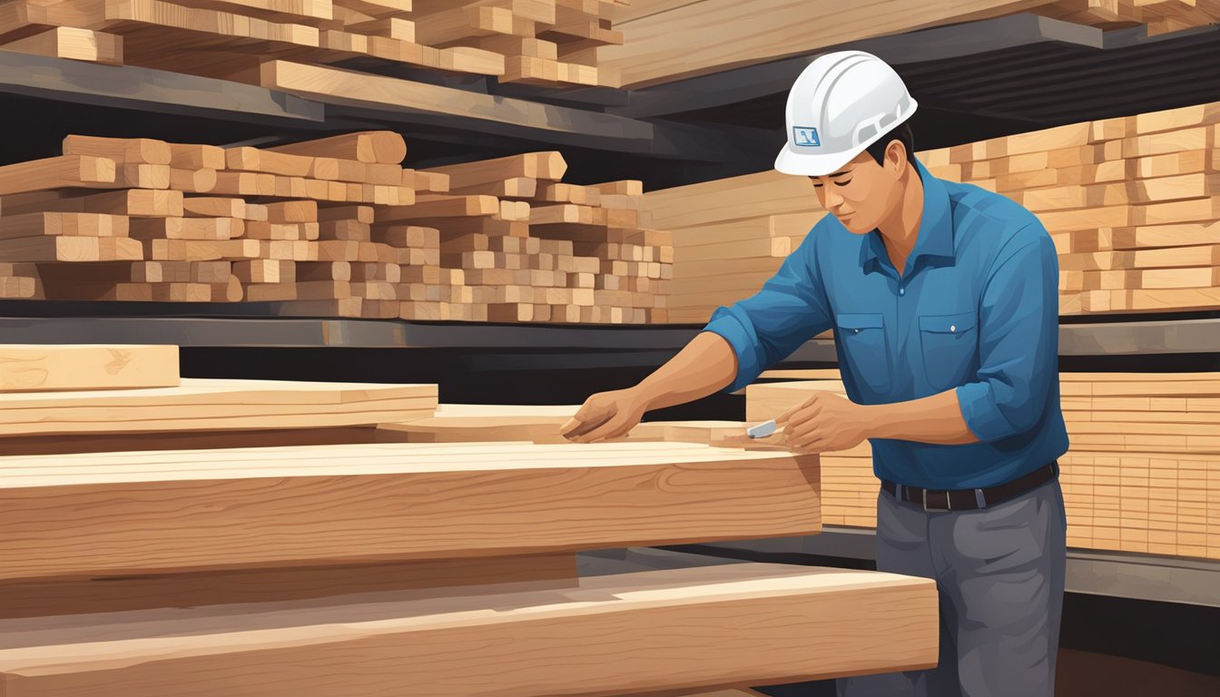 A person inspecting high-quality wood and timber at a lumberyard in Singapore