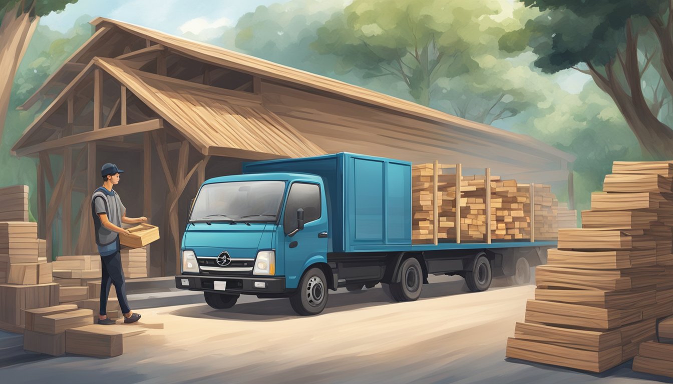 A customer selects wood from a variety of options at a Singapore store. A delivery truck waits outside for the chosen wood to be loaded
