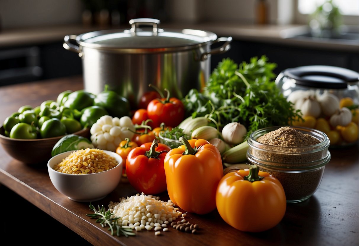 A variety of fresh vegetables, herbs, and spices arranged on a kitchen counter, with a slow cooker in the background