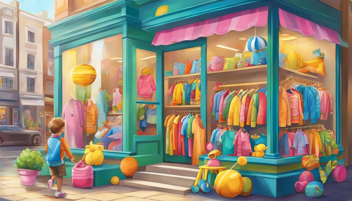 Children's clothing and toys displayed in a vibrant store window. Bright colors and playful designs catch the eye