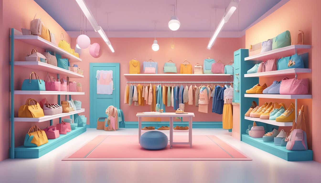 Children's fashion brands displayed on colorful shelves with trendy clothing and accessories. Bright lights illuminate the stylish and playful designs