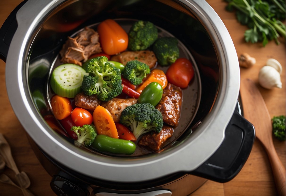 Fresh vegetables and meat placed into a slow cooker. A blend of aromatic Chinese spices added. The cooker set to low heat for several hours