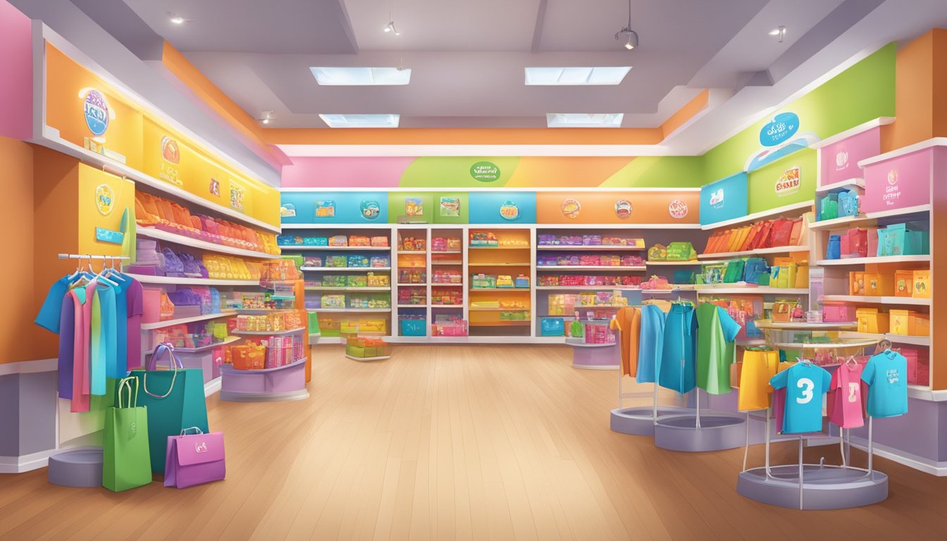 Kids brands display colorful merchandise in a spacious, well-lit store. A sign advertises special perks for young shoppers