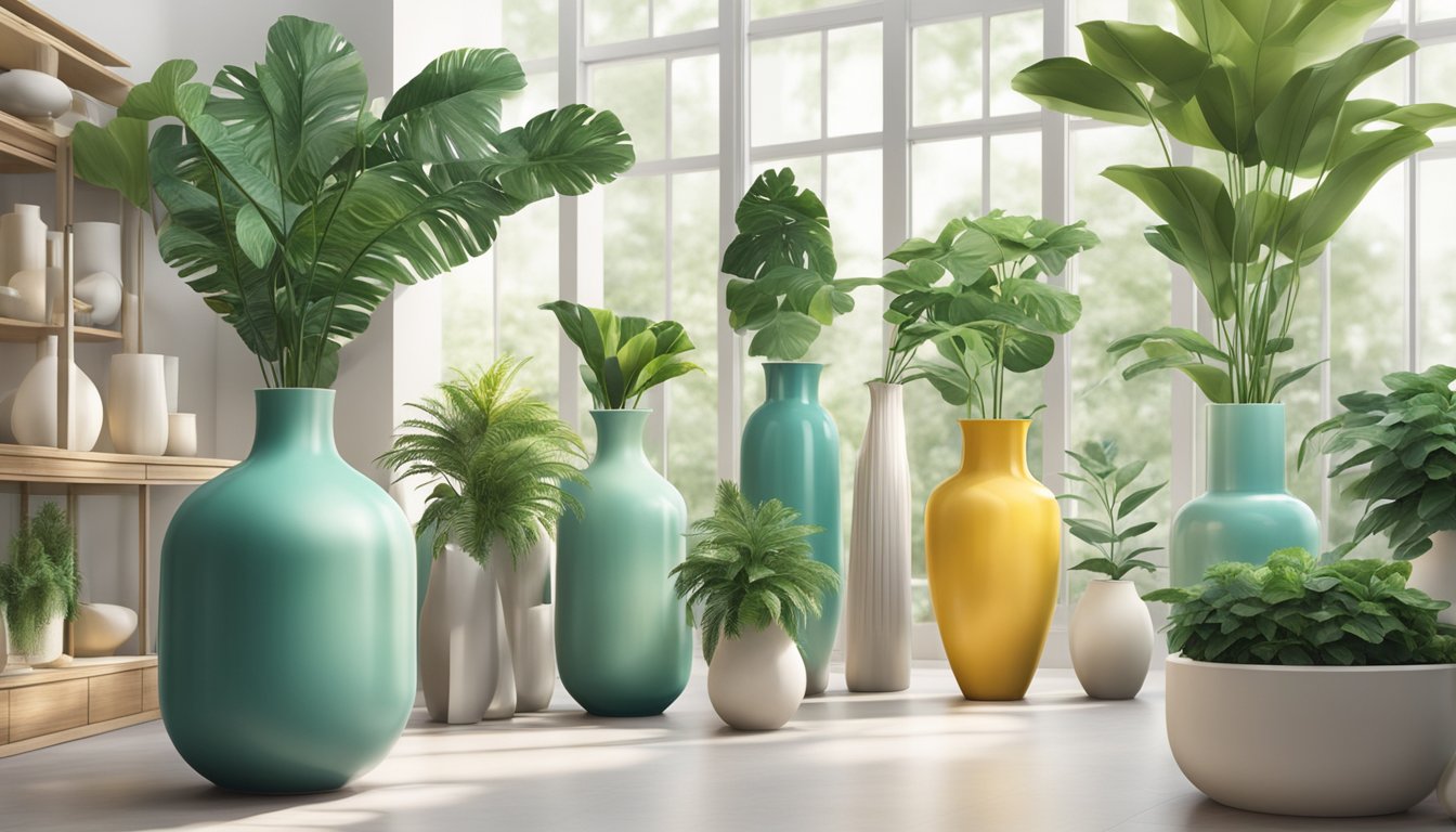 Vases of various shapes and sizes on display in elegant Singapore shops, surrounded by lush green plants and natural light
