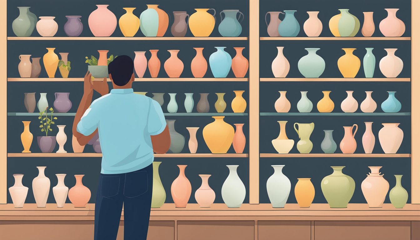 A person carefully selects a vase from a shelf in a store, examining its shape, size, and color to find the perfect match for their space