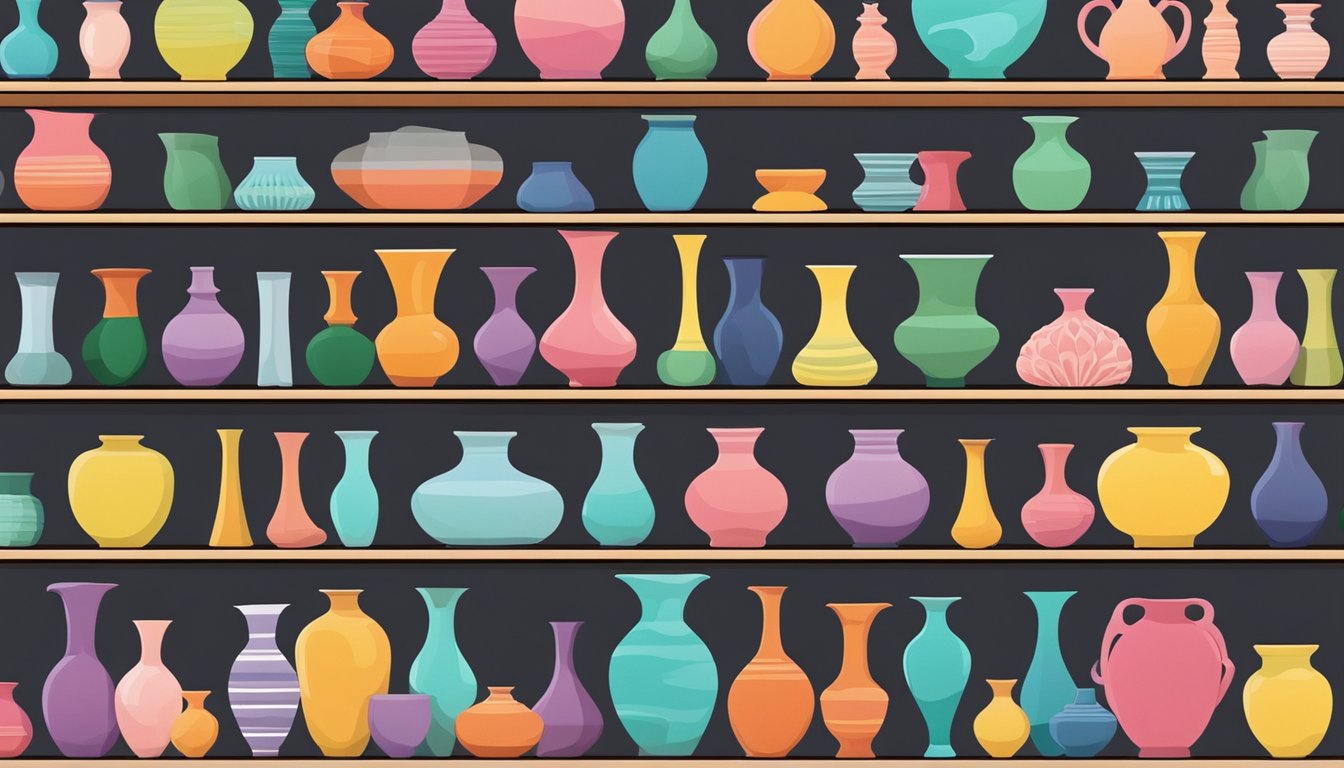 A colorful display of vases in a modern Singaporean home decor store, with various shapes and sizes neatly arranged on shelves