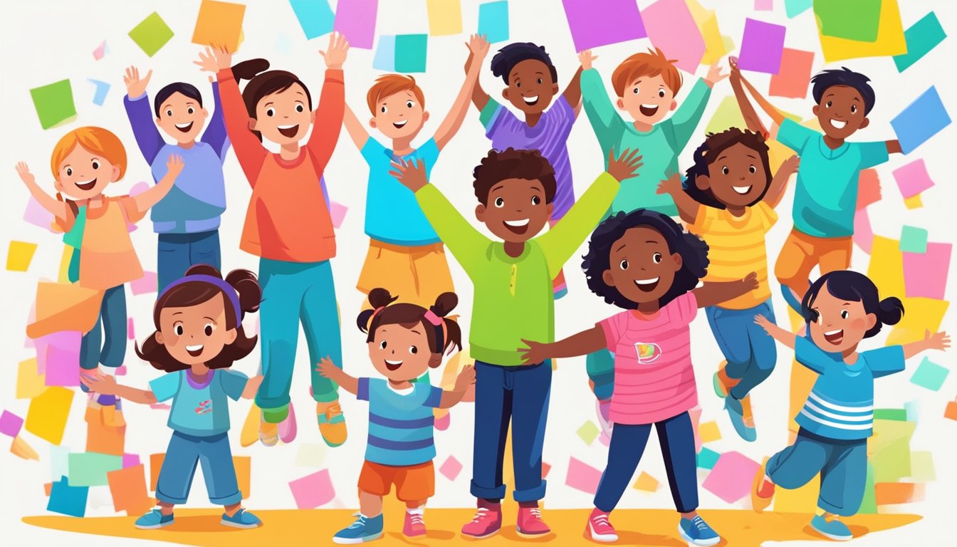 A group of children eagerly raising their hands, surrounded by colorful logos of popular kids' brands