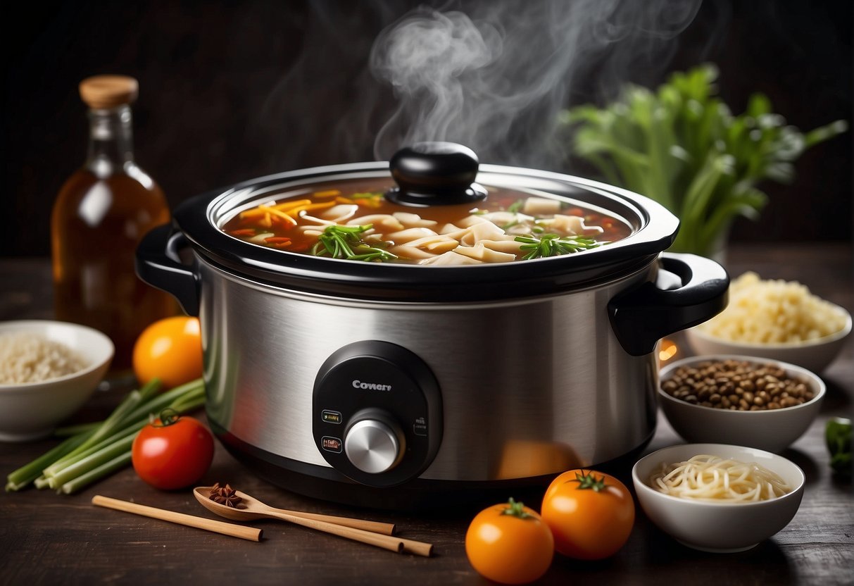 A slow cooker filled with simmering Chinese soup ingredients, with steam rising from the pot. Bowls, chopsticks, and Chinese spices are arranged nearby