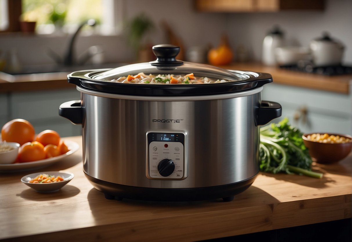 A slow cooker sits on a kitchen counter, filled with Chinese soup. Steam rises as a person lifts the lid to check the contents