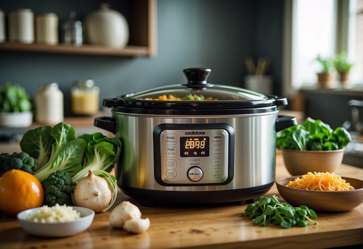 A slow cooker sits on a kitchen counter, surrounded by various Chinese soup ingredients such as bok choy, mushrooms, and ginger. An open cookbook displaying easy recipes is nearby