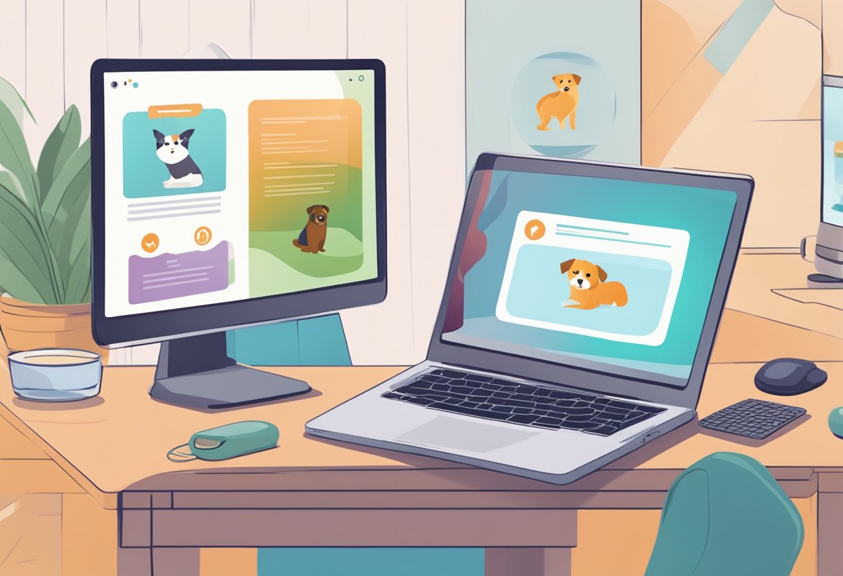 A computer screen displaying a virtual pet adoption counseling session with safety guidelines and welfare considerations visible