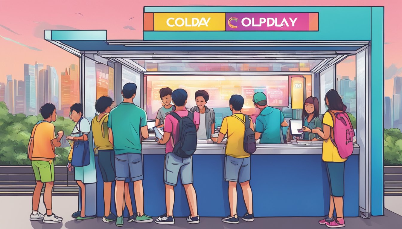 People buying Coldplay tickets at a Singapore ticket booth