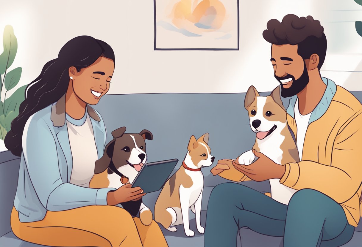 Pets happily interacting with new owners via virtual counseling, creating heartwarming adoption success stories