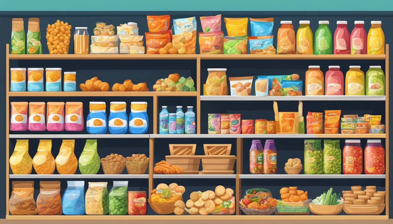 Colorful shelves display Singaporean snacks and souvenirs at a bustling supermarket