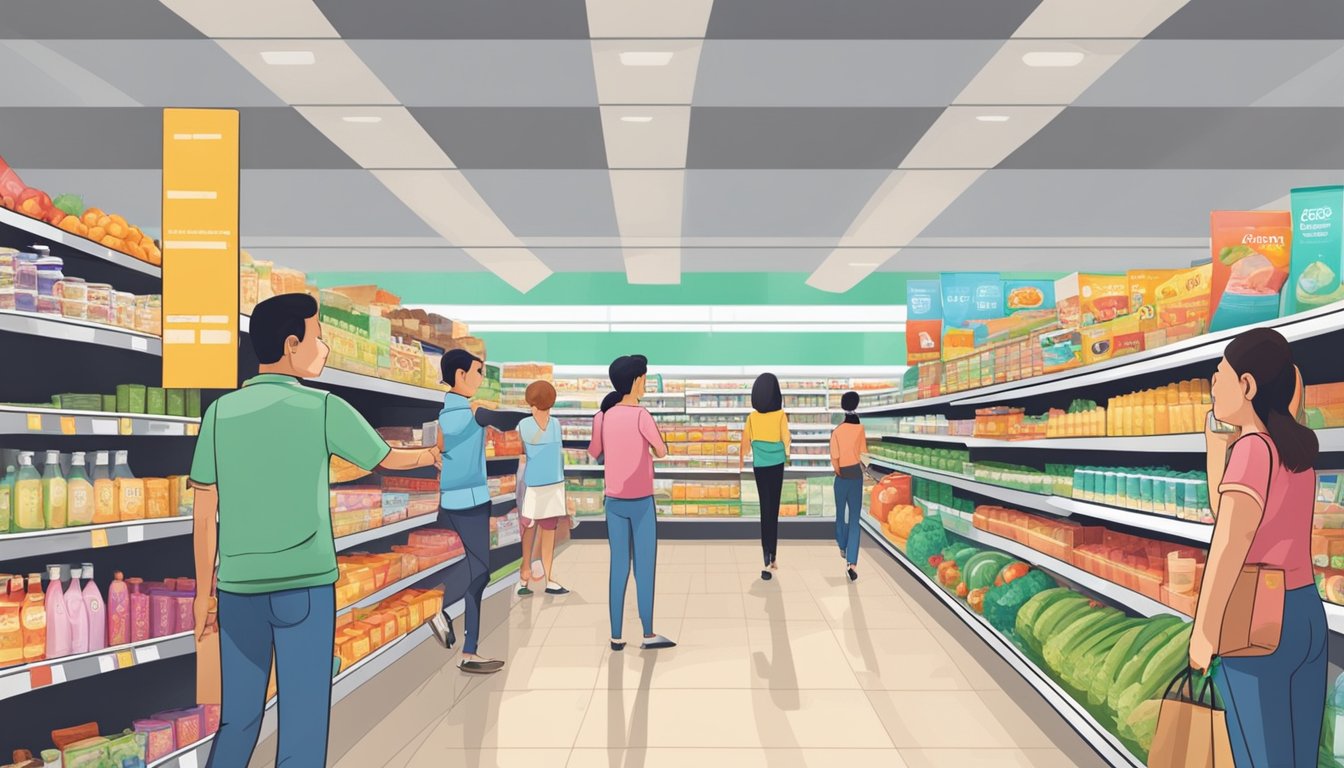 Customers browsing aisles of a Singapore supermarket, searching for frequently asked products