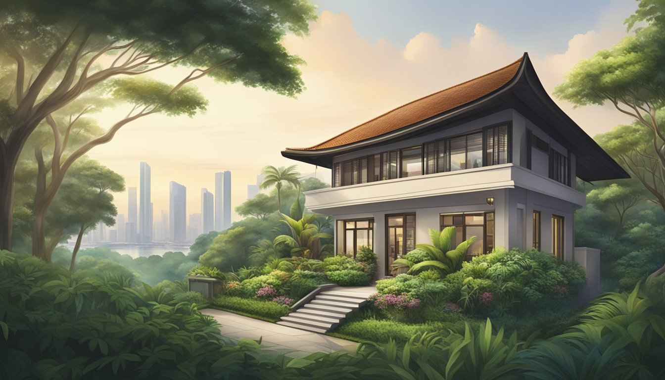 A picturesque bungalow nestled among lush greenery in Singapore, with a clear view of the city skyline in the distance