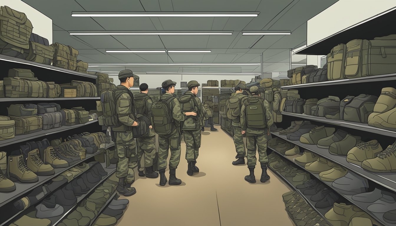 A crowded army surplus store in Singapore, shelves filled with camouflage gear, boots, and tactical equipment. Customers browsing through the selection