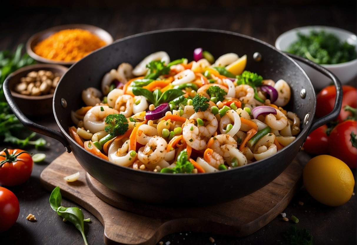 A chef stir-fries squid with ginger, garlic, and soy sauce in a sizzling wok, surrounded by colorful vegetables and aromatic spices