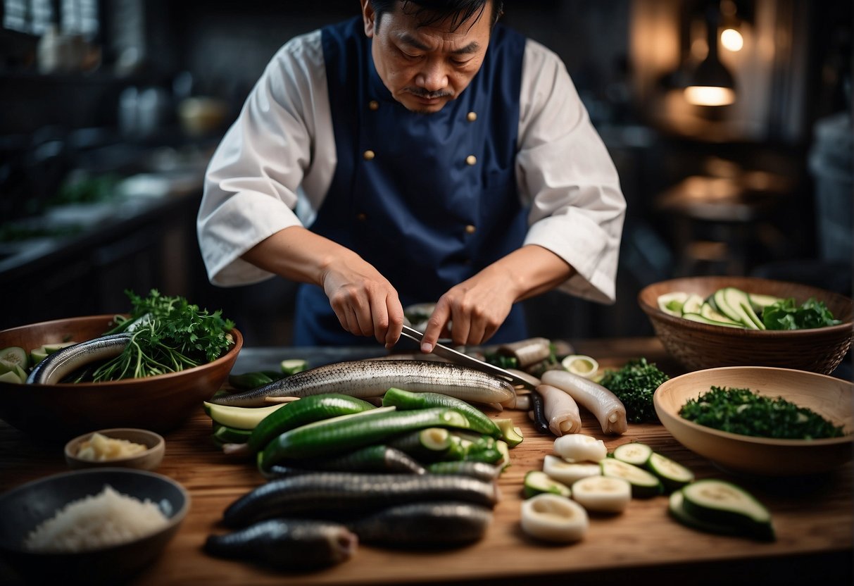 A Chinese chef slicing fresh eels, surrounded by traditional ingredients and cooking utensils