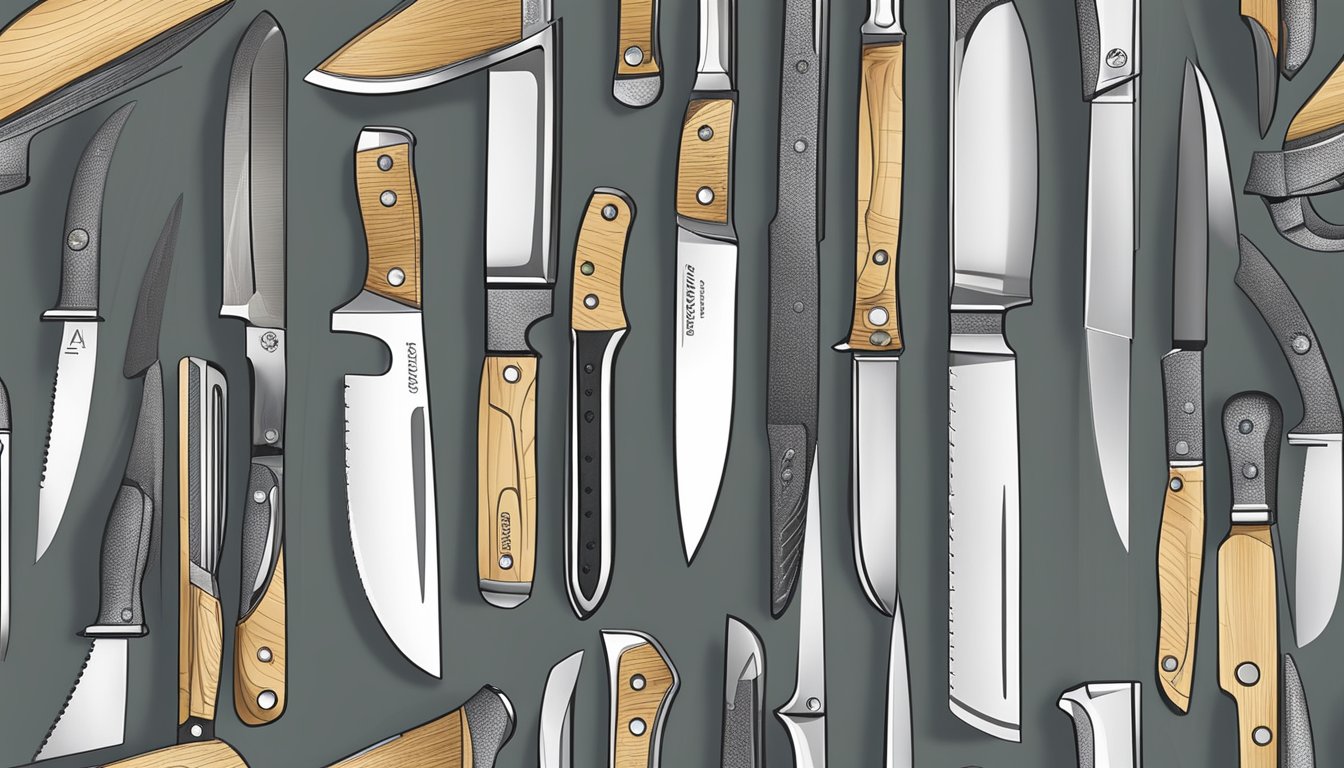 A variety of high-quality kitchen knives displayed on a clean, well-lit countertop. Brands' logos are visible on each handle