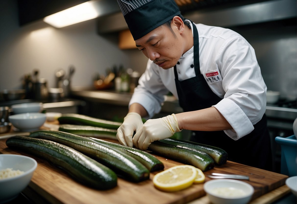 A chef cleans and slices fresh eel, preparing it for a traditional Chinese recipe. Ingredients and utensils are neatly arranged on the kitchen counter