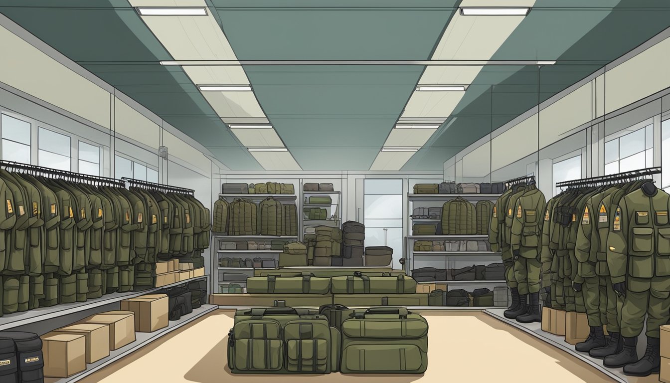 A military supply store in Singapore displays rows of army gear and equipment, including uniforms, boots, backpacks, and tactical gear