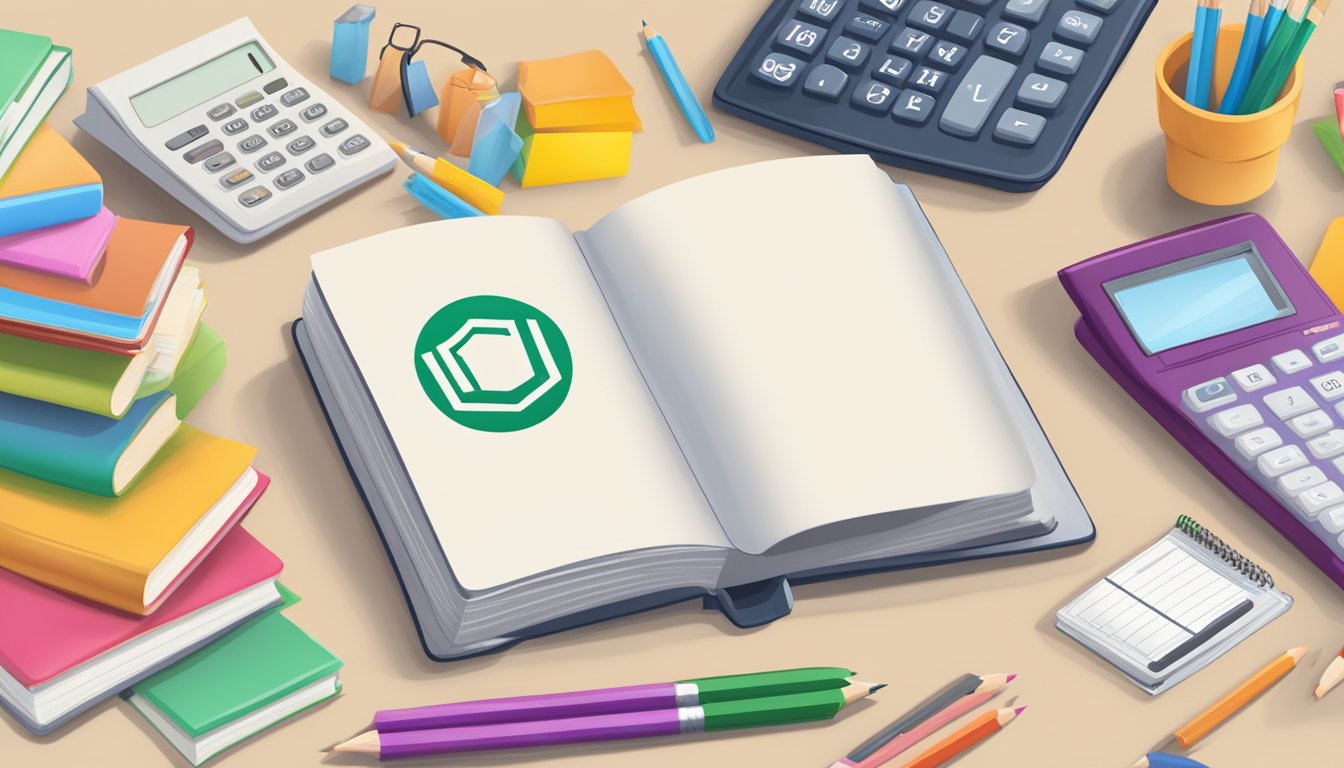An open book with the OCBC FRANK logo on the cover, surrounded by school supplies and a calculator