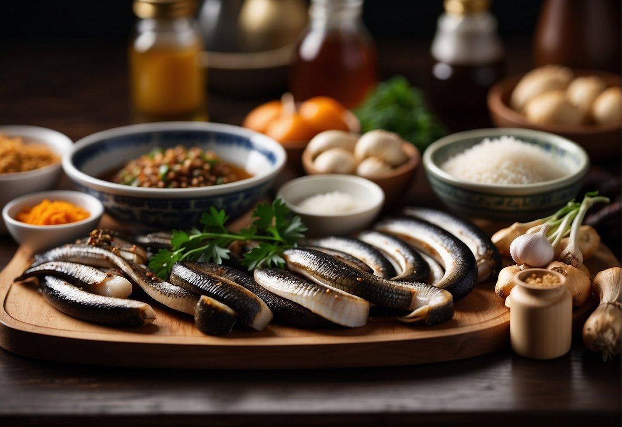 A table lined with fresh eel, ginger, garlic, soy sauce, and other Chinese seasonings. Ingredients are neatly arranged for a recipe illustration