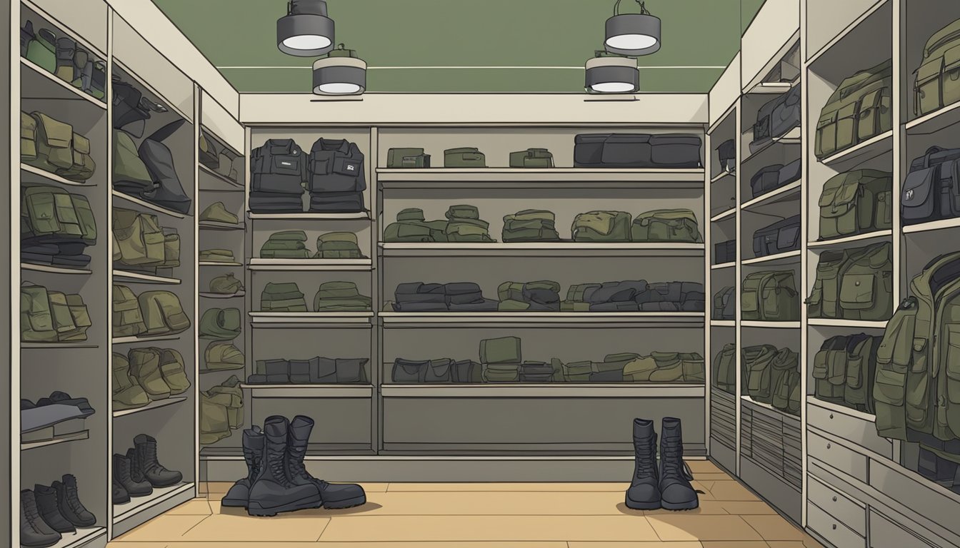 A store in Singapore displays a variety of army gear, including uniforms, boots, and equipment. Shelves are neatly organized with labeled sections for easy browsing