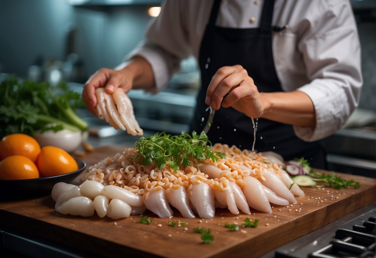 A chef cleans and slices fresh squid, then gathers ingredients for a Chinese squid dish