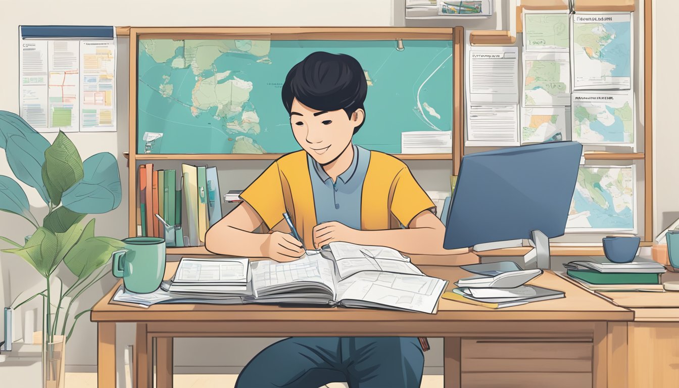 A student sits at a desk, comparing local and overseas education options. An OCBC FRANK Education Loan pamphlet is open, with a map and financial information visible