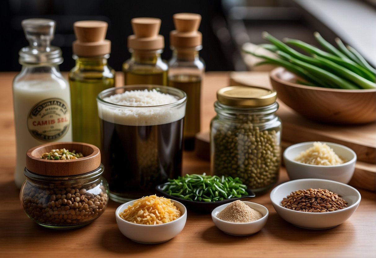A variety of essential ingredients and seasonings are neatly arranged on a kitchen counter, including soy sauce, ginger, garlic, and green onions, ready to be used in easy squid recipes