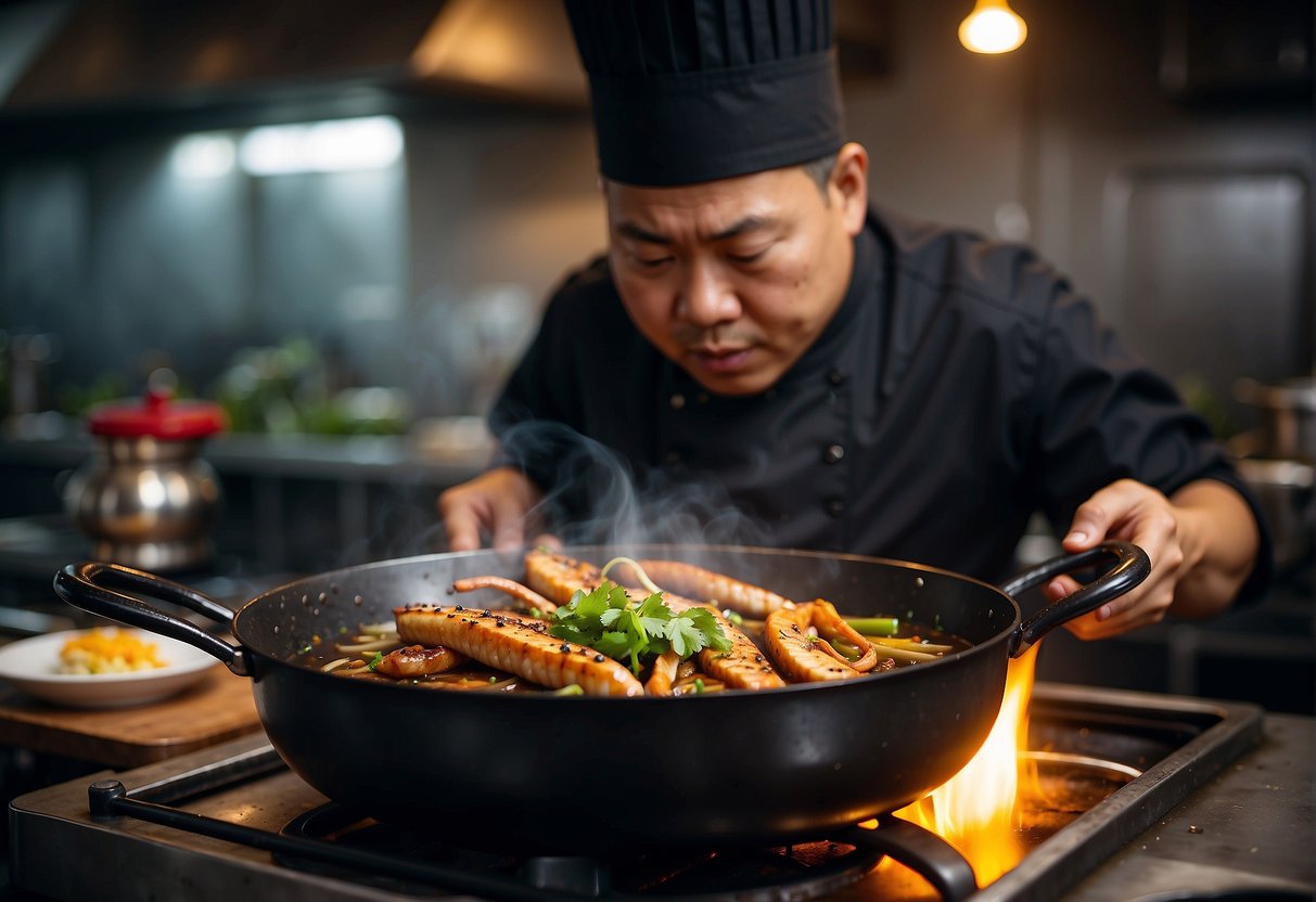 A chef stir-fries eel with ginger and soy sauce in a sizzling wok, while a pot of eel soup simmers on the stove