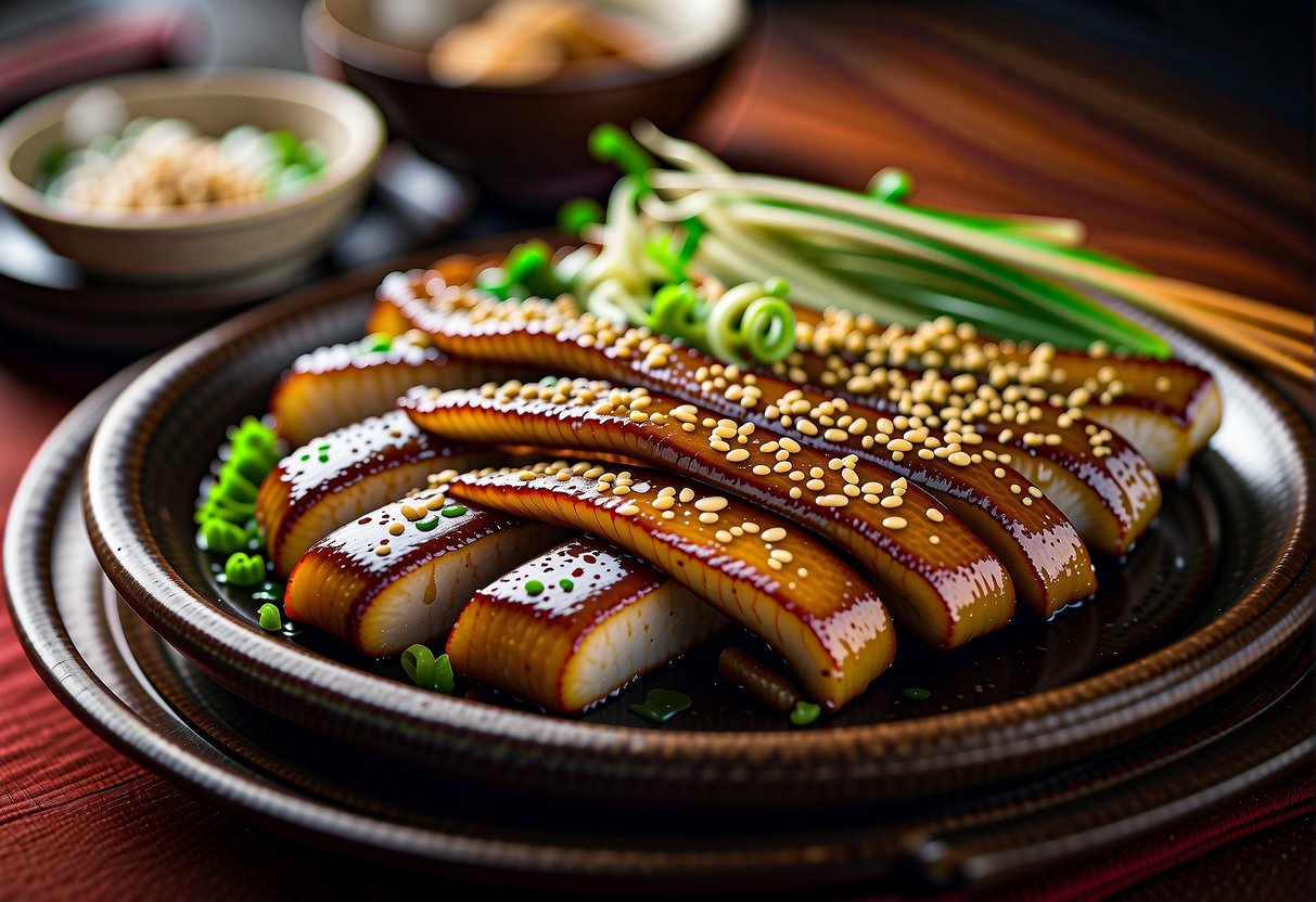 A platter of glazed eel, garnished with sesame seeds, ginger, and green onions, is artfully arranged on a traditional Chinese serving dish