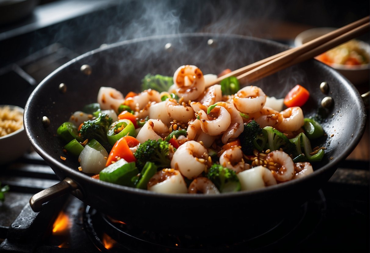 Squid being stir-fried in a wok with Chinese seasonings and vegetables
