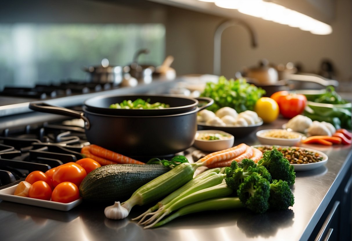 A colorful array of fresh vegetables, herbs, and seafood arranged on a clean, modern kitchen counter. A wok sizzles on the stove, emitting fragrant aromas of ginger, garlic, and soy sauce