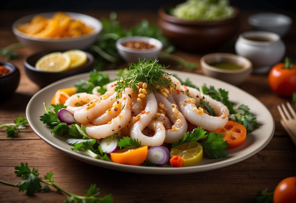 A plate of Chinese-style squid sits on a wooden table, garnished with fresh herbs and surrounded by colorful vegetables