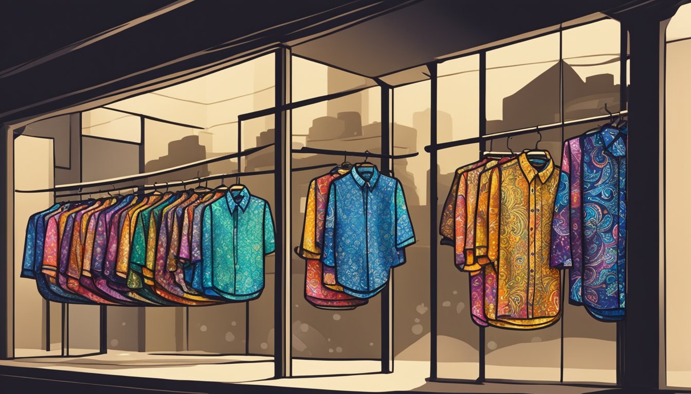 A colorful batik shirt hangs in a boutique window in Singapore. Bright lights illuminate the intricate patterns and vibrant colors